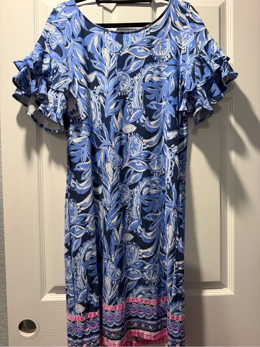 Lilly Pulitzer Blue Floral Ruffle-Sleeve Dress with Pink Trim